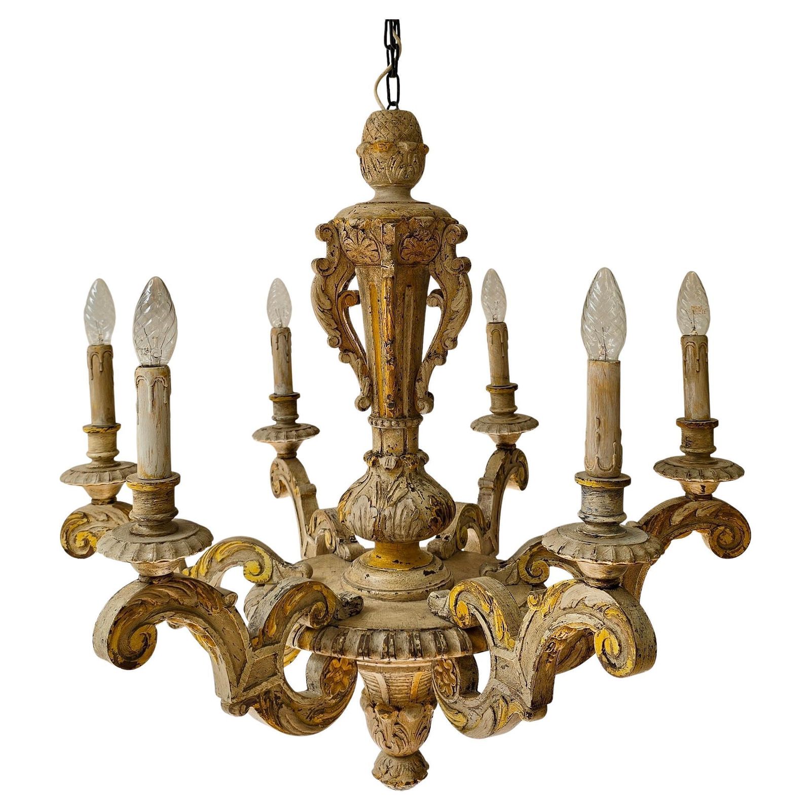 Large Antique Italian Baroque Chandelier In Carved Wood, Rustic Wabi Sabi Patin photo Lighting