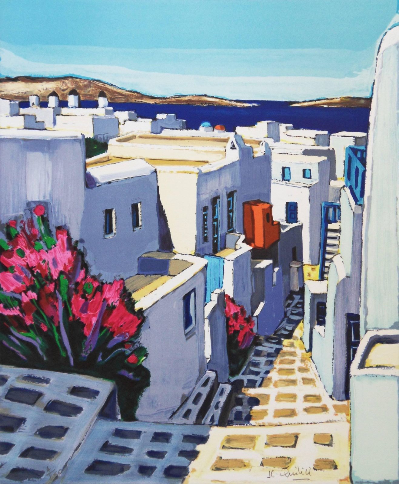 Jean Claude Quilicigreece : Small Street In Santorini   Handsigned Original Lithograph