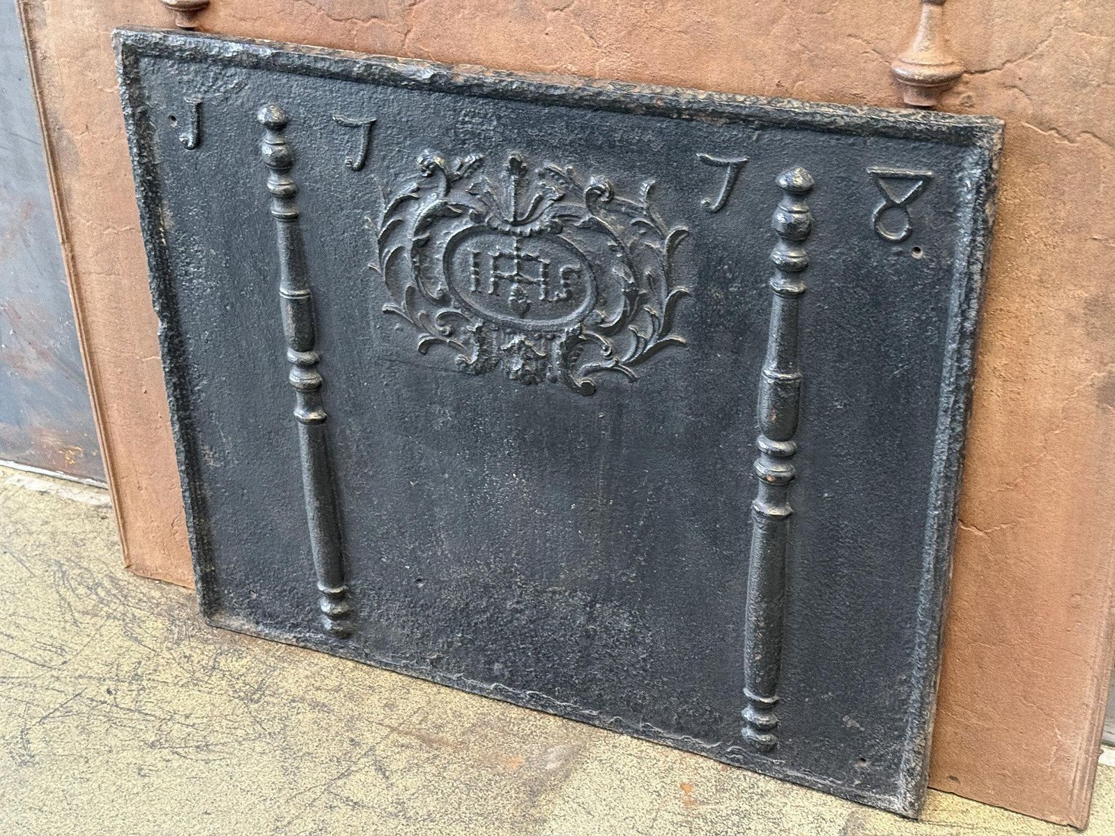 18th Century French Fireback / Backsplash 'Pillars With Medieval Ihs Monogram' photo furniture