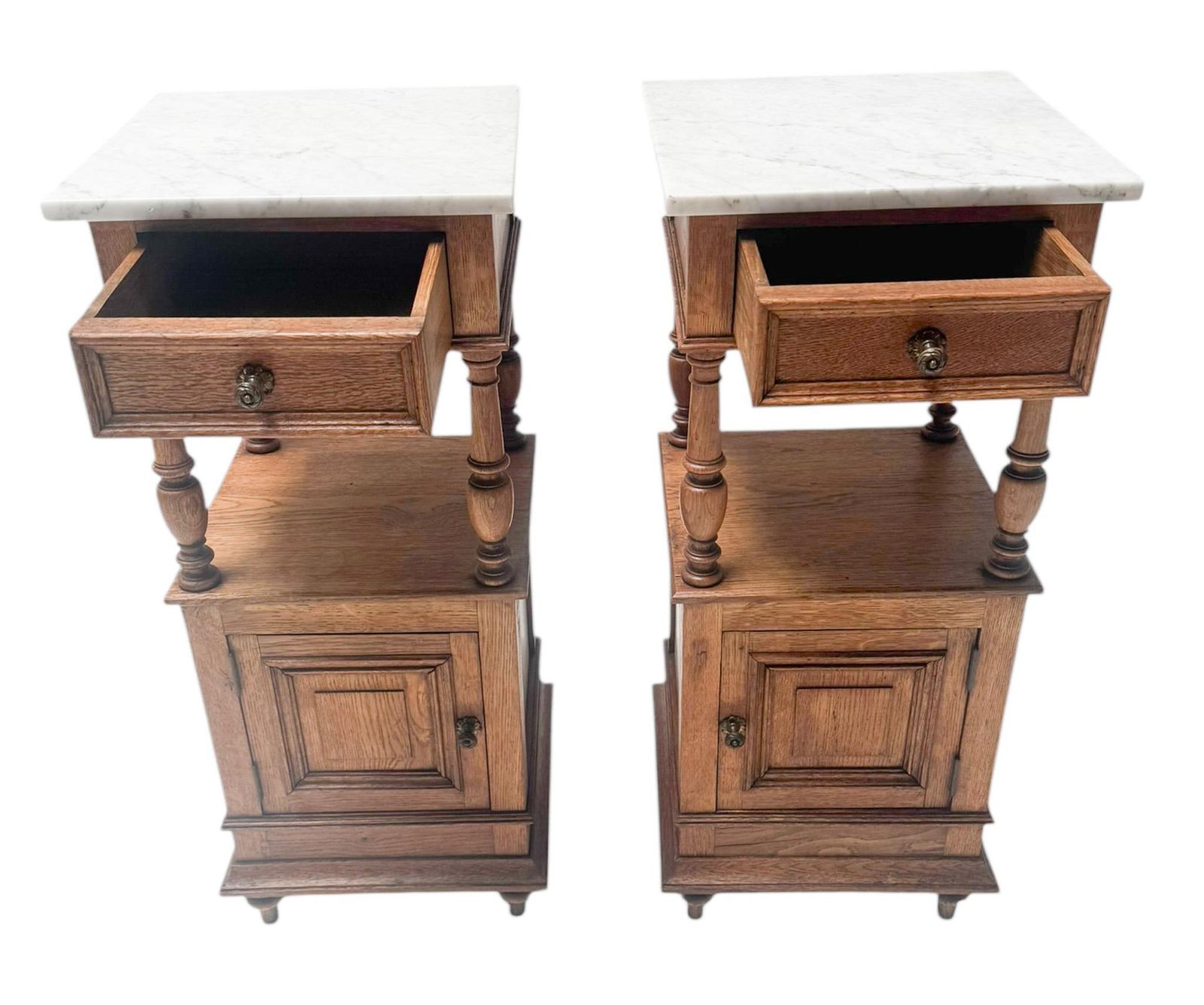 photo for sale Two Art Nouveau Nightstands Or Bedside Tables With Marble Tops, 1900s