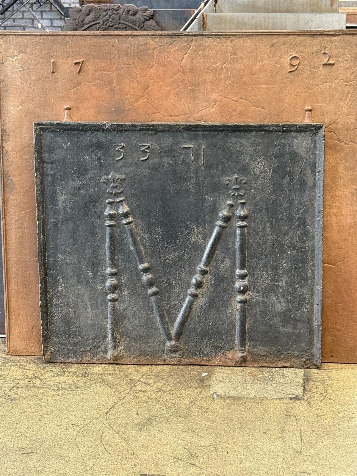 18th C French Fireback / Backsplash With Pillars And Fleurs De Lys, Dated 1733 photo furniture