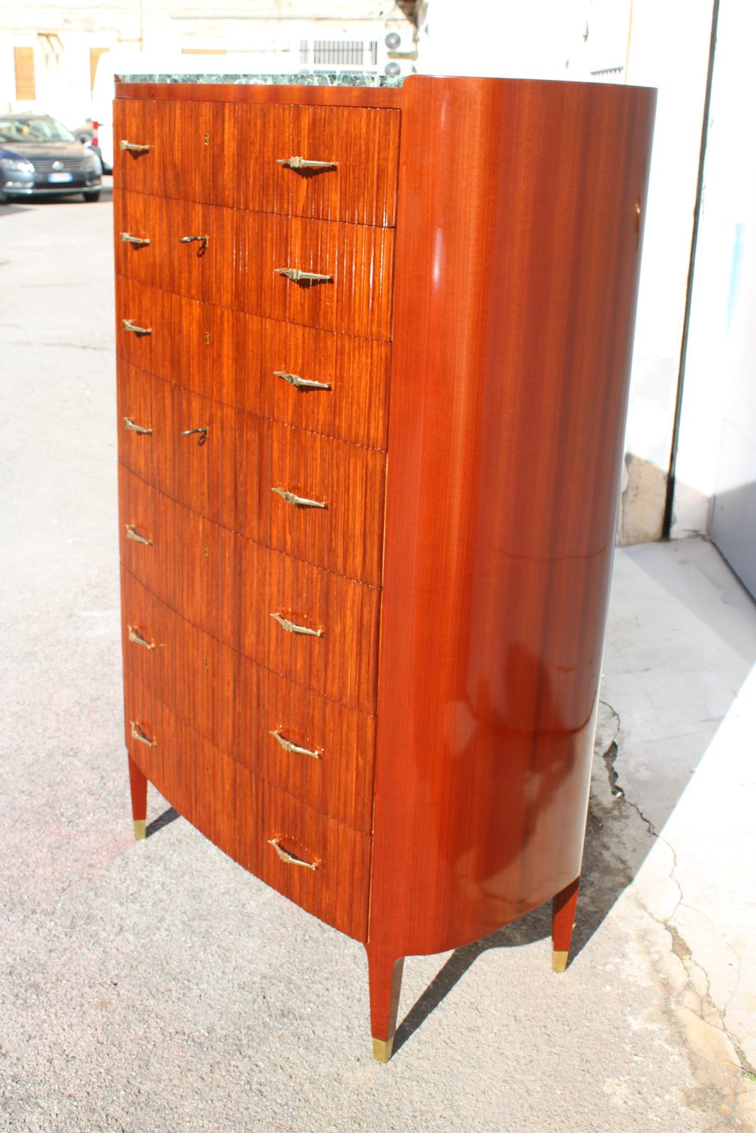 photo for sale Curved Wooden Chest Of Drawers With Green Marble Of The Alps Ducrot Paolo Buffa