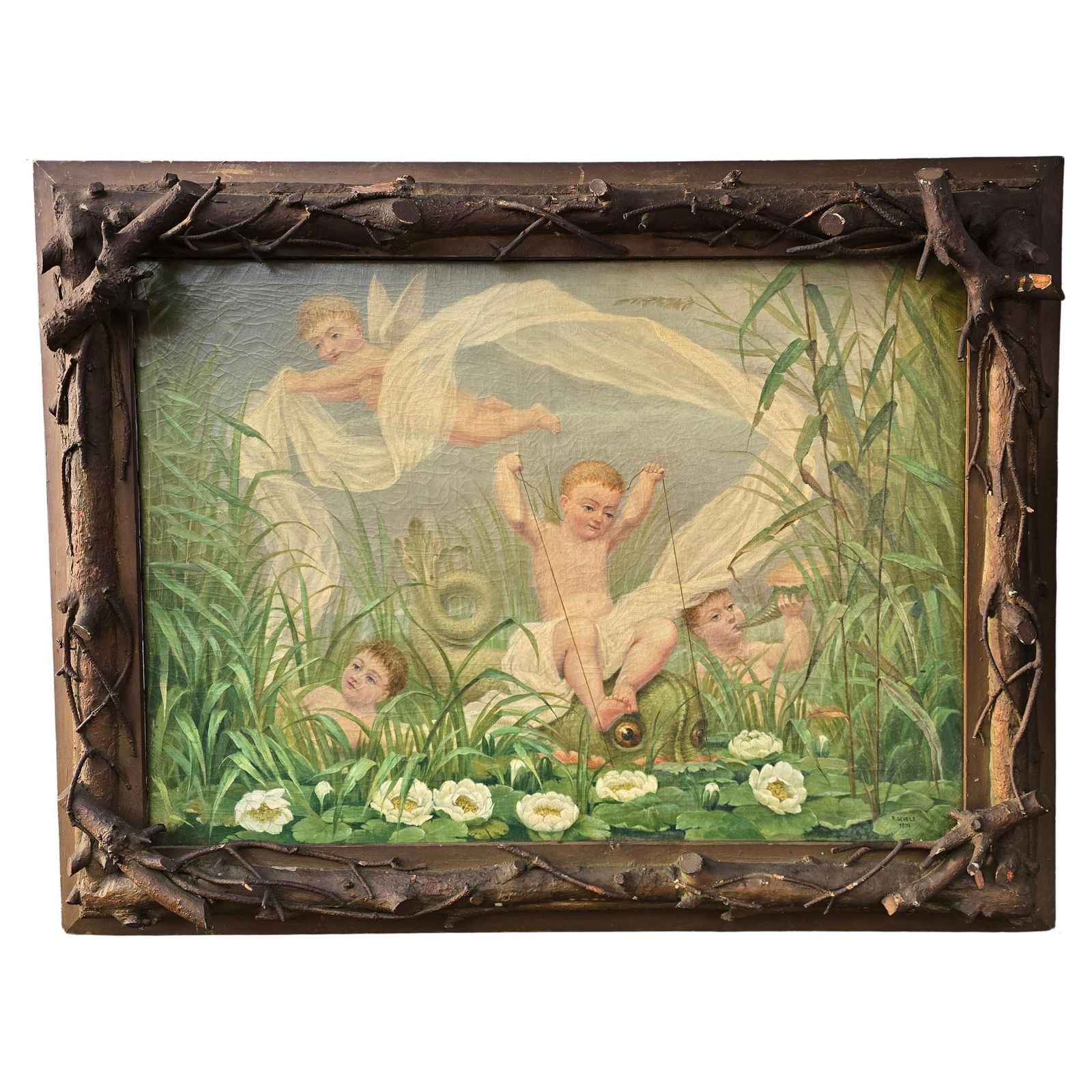 Putti Painting By A. Gevels In An Original Sculptural Nature Frame, Belgium
