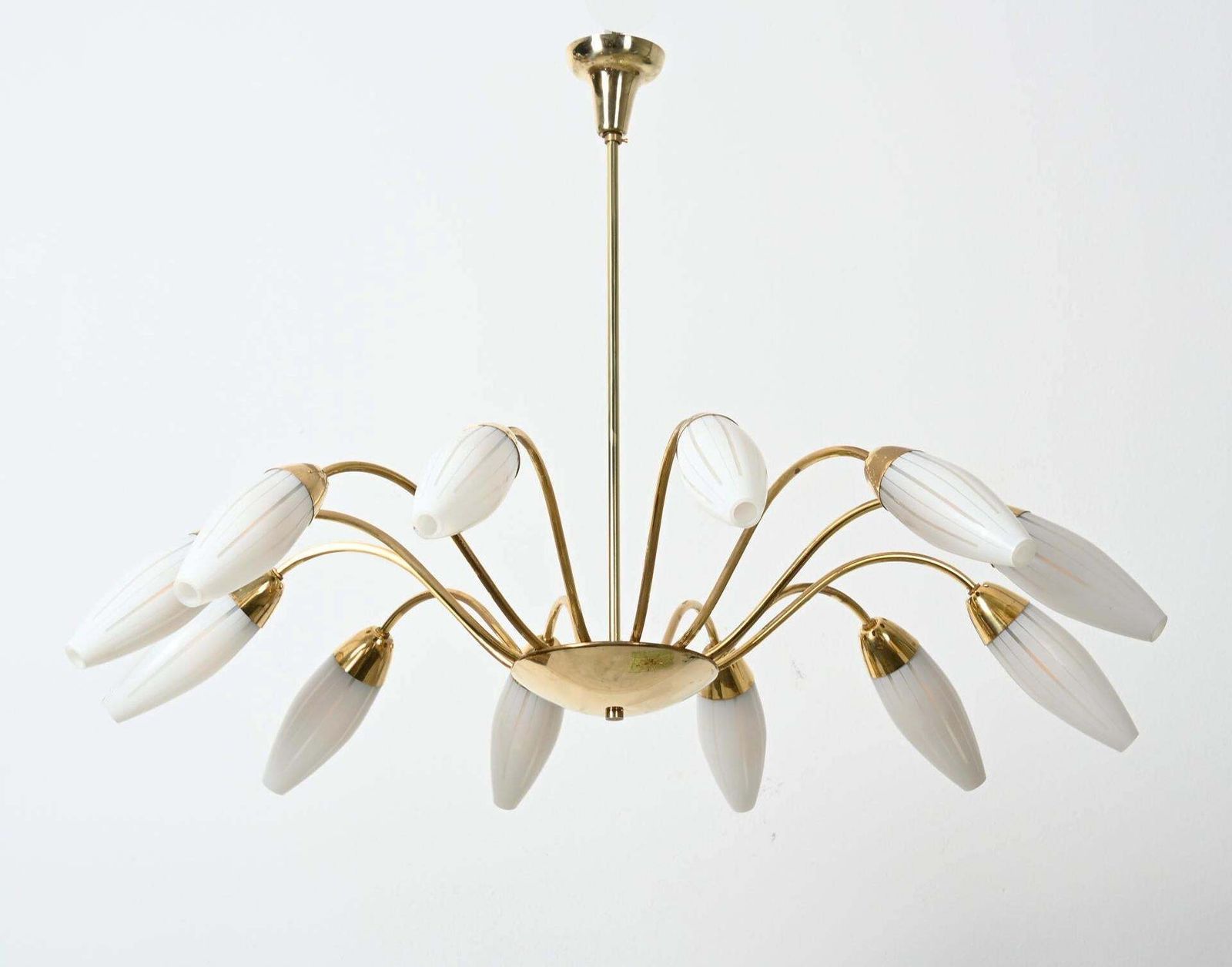 Large Rare Midcentury Brass Opaline Glass Chandelier By Rupert Nikoll photo for sale