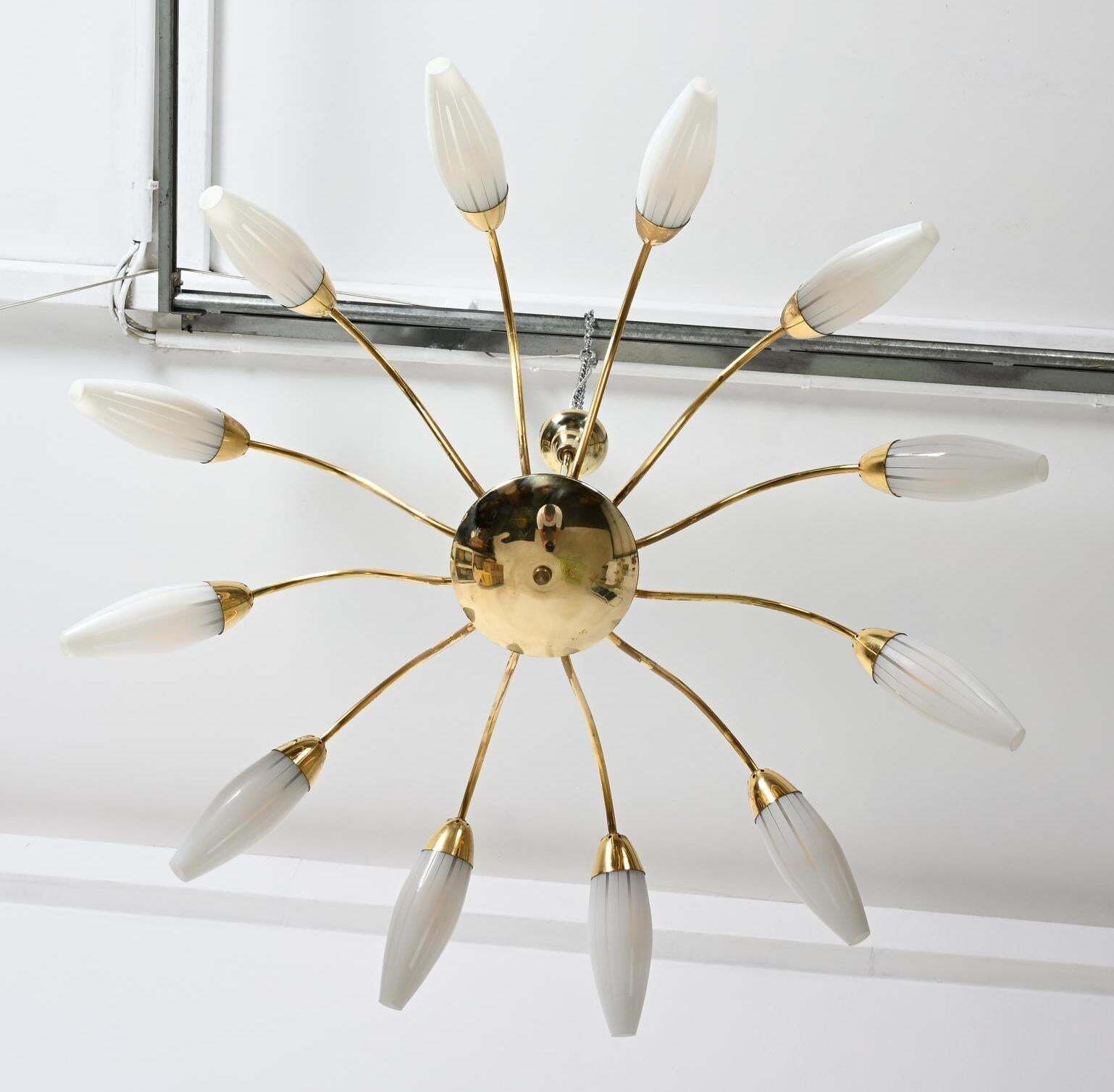 Large Rare Midcentury Brass Opaline Glass Chandelier By Rupert Nikoll photo 2436.0