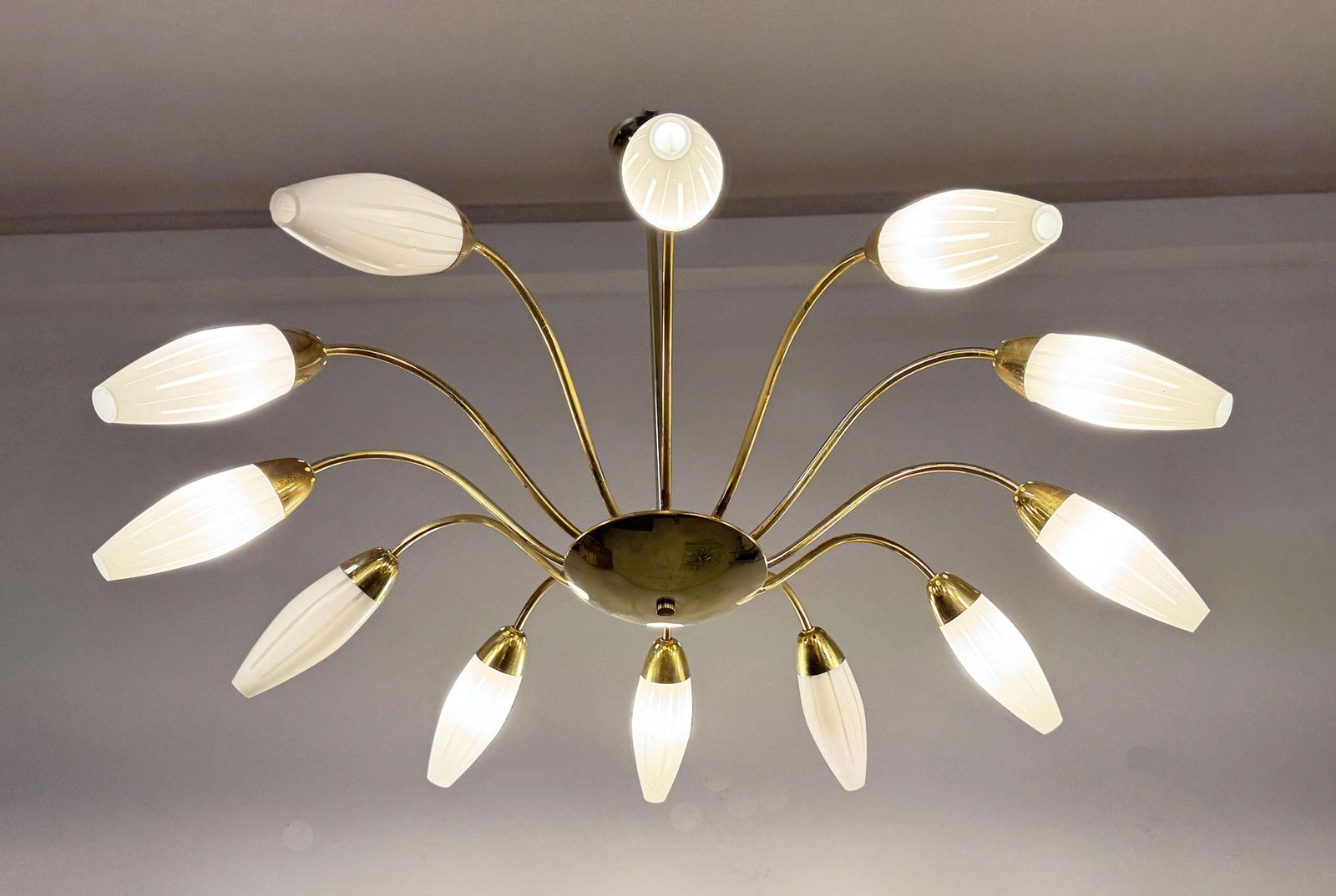 photo vinterior Large Rare Midcentury Brass Opaline Glass Chandelier By Rupert Nikoll