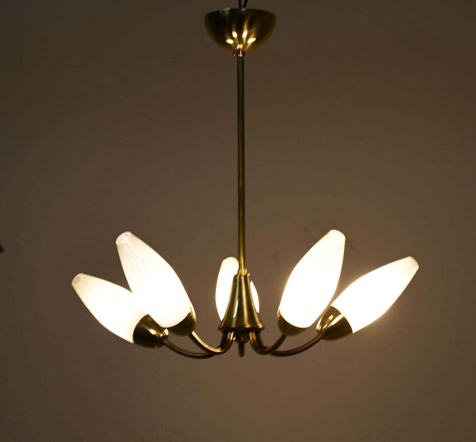 1336.0 Midcentury Brass Opaline Glass Chandelier By Rupert Nikoll photo