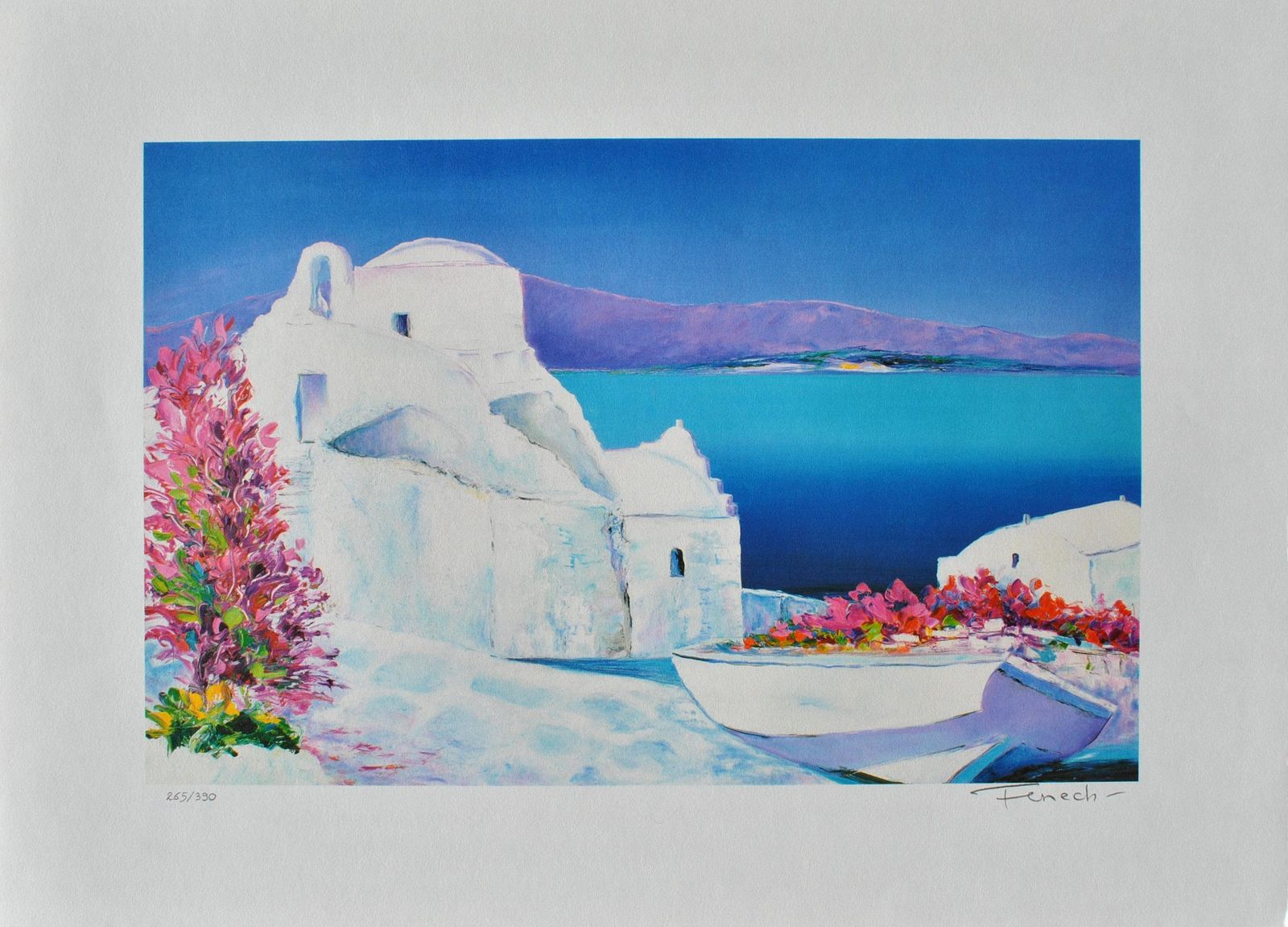 Serge Fenechriviera : Flowery Boat At Santorini   Original Lithograph, Handsigned & Ltd /3901982