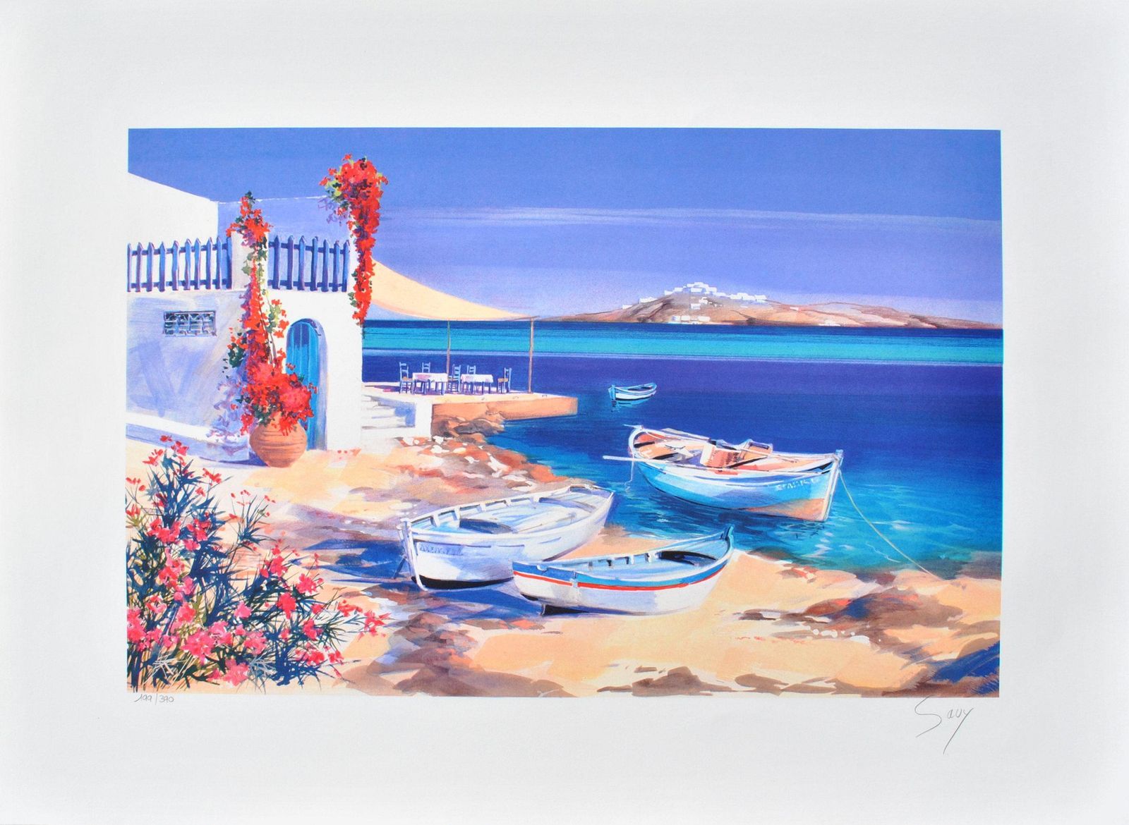 Andre Savyriviera : Three Boats In Santorini   Original Lithograph, Handsigned & Ltd /3901982