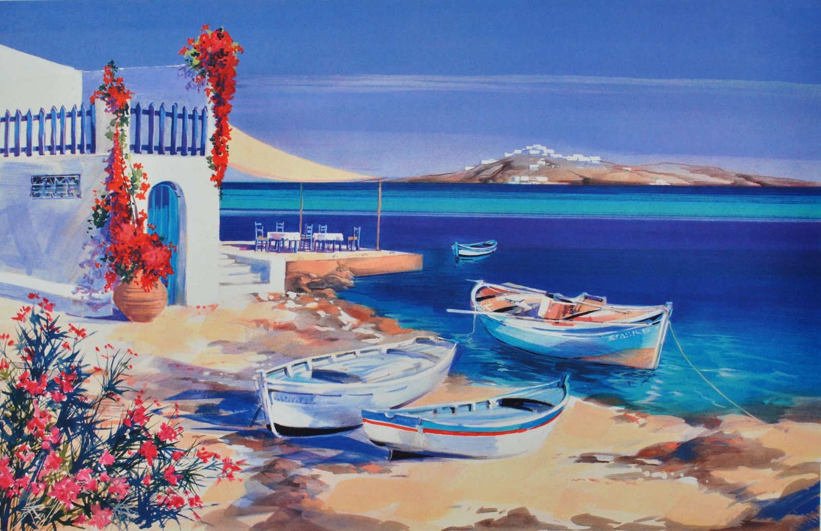 Andre Savyriviera : Three Boats In Santorini   Original Lithograph, Handsigned & Ltd /3901982 photo furniture