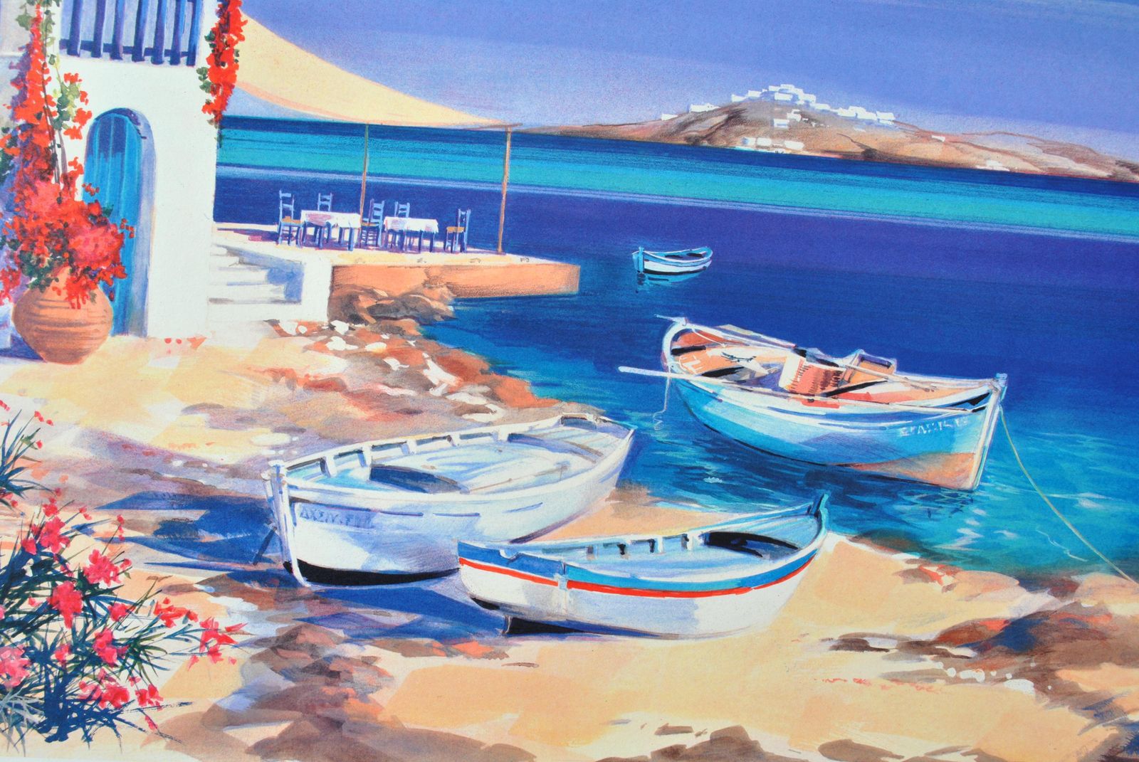 Andre Savyriviera : Three Boats In Santorini   Original Lithograph, Handsigned & Ltd /3901982 photo 133.0