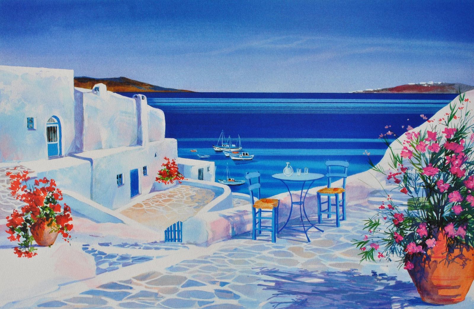 Andre Savyriviera : Terrace In Santorini   Original Lithograph, Handsigned & Ltd /3901982 photo furniture