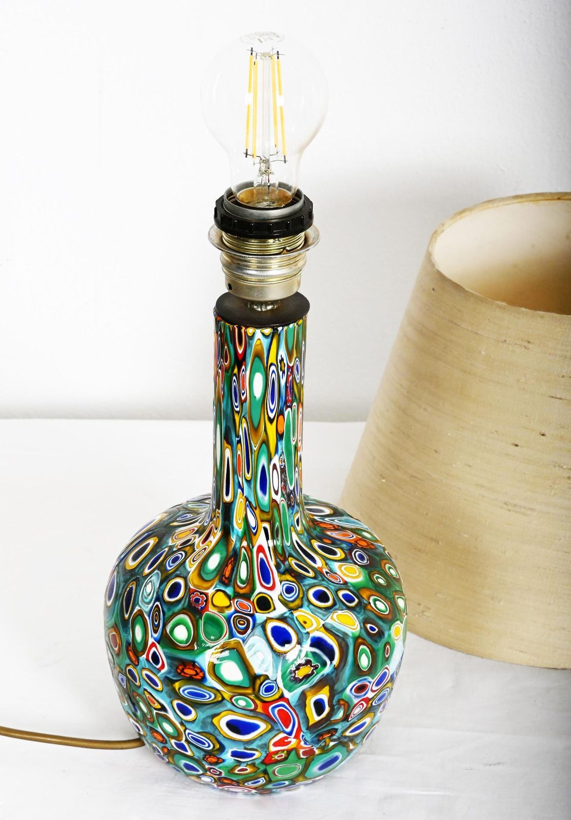 Lighting Millefiori Murano Glass Lamp With Custom Silk Shade photo