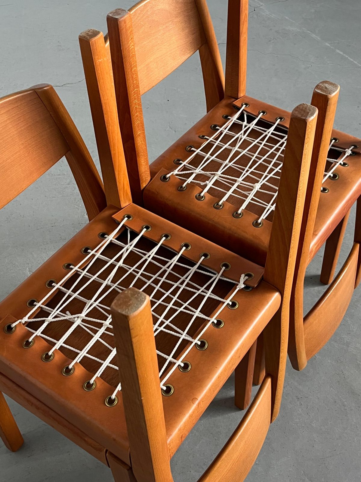 Set Of 4 Vintage Dining Chairs In Style Of Pierre Chapo, Cognac Leather And Wood photo vintage