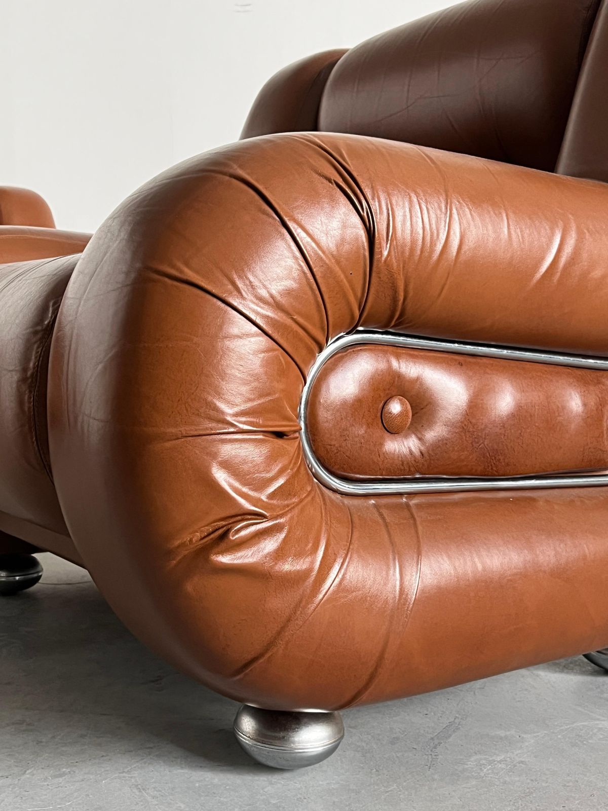photo for sale Italian Space Age Living Room Set In Cognac Leather And Chrome, 1970s Italy