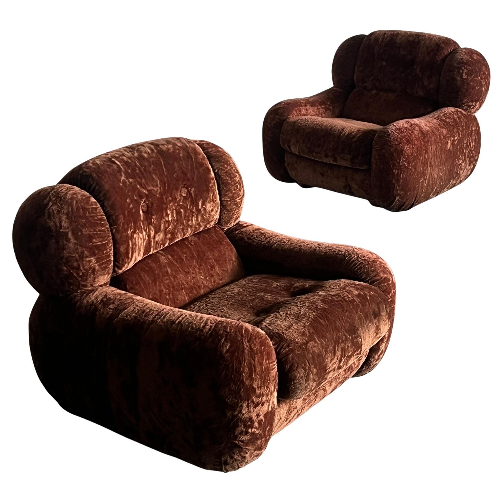 Pair Of Large Italian Mid Century Cloud Armchairs In Dark Brown Fabric, 1970s