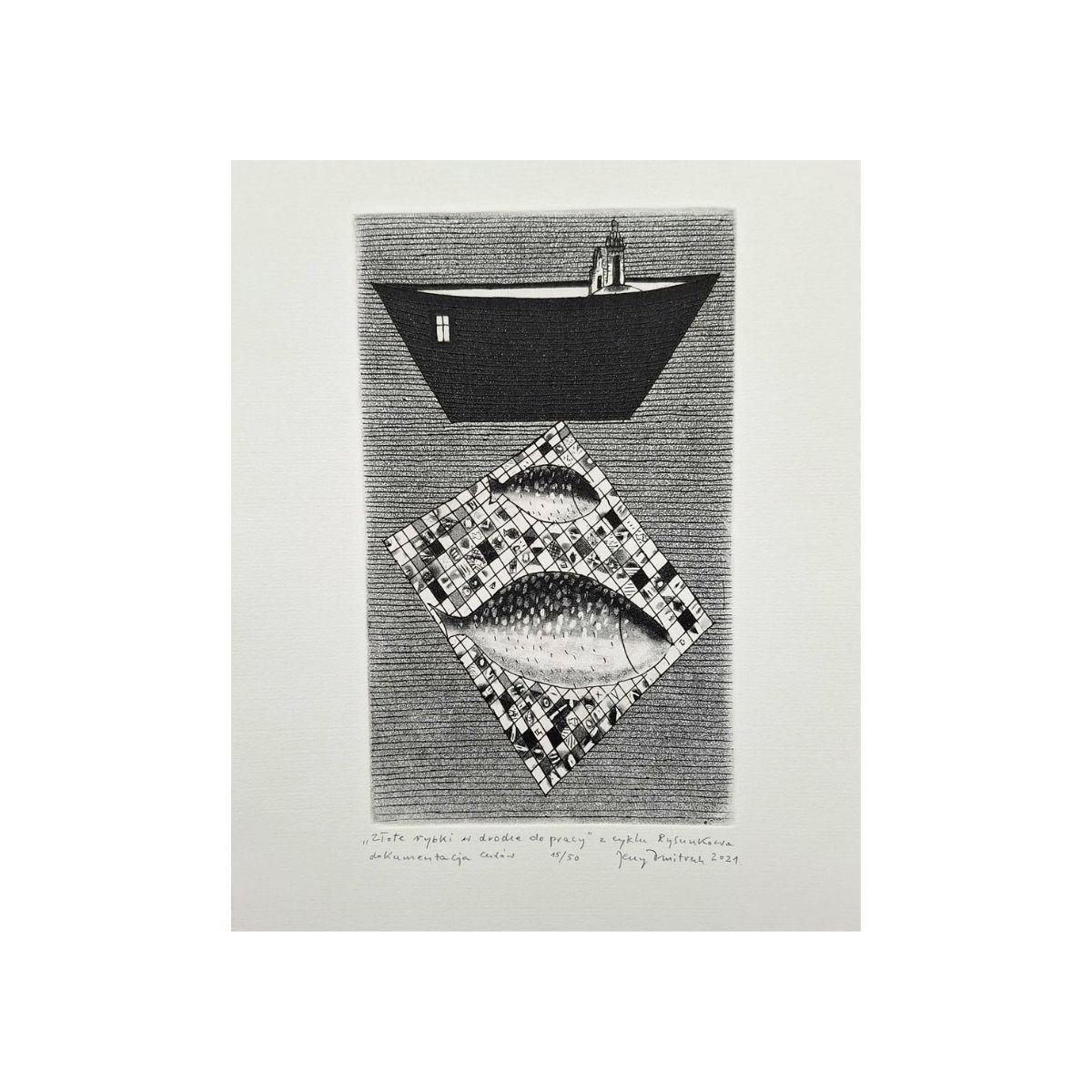 Jerzy Dmitrukgoldfish On The Way To Work   21st Century, Contemporary Etching2021 photo furniture