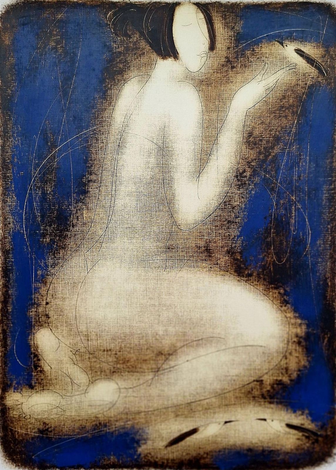 Siergiej Timochownude With Birds. Contemporary Figurative Monotype Print, European Artist2005 photo buy