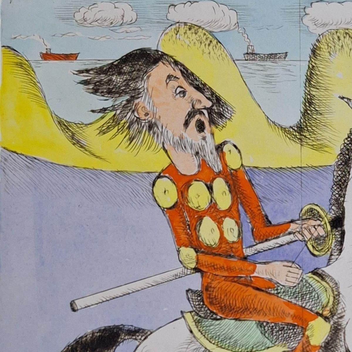 Czeslaw Tumielewiczdon Quixote And Apparition   Figurative Drypoint Print, Colorful, Polish Art2007 photo Art