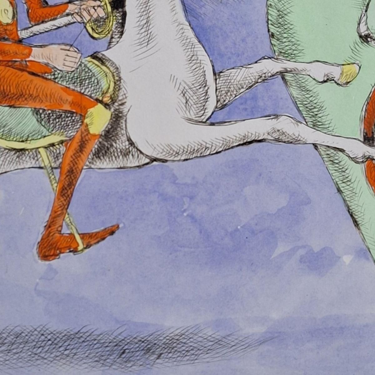 Czeslaw Tumielewiczdon Quixote And Apparition   Figurative Drypoint Print, Colorful, Polish Art2007 photo vinterior