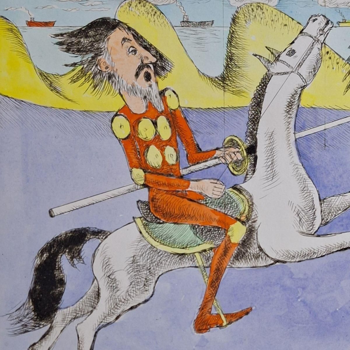 Czeslaw Tumielewiczdon Quixote And Apparition   Figurative Drypoint Print, Colorful, Polish Art2007 photo buy