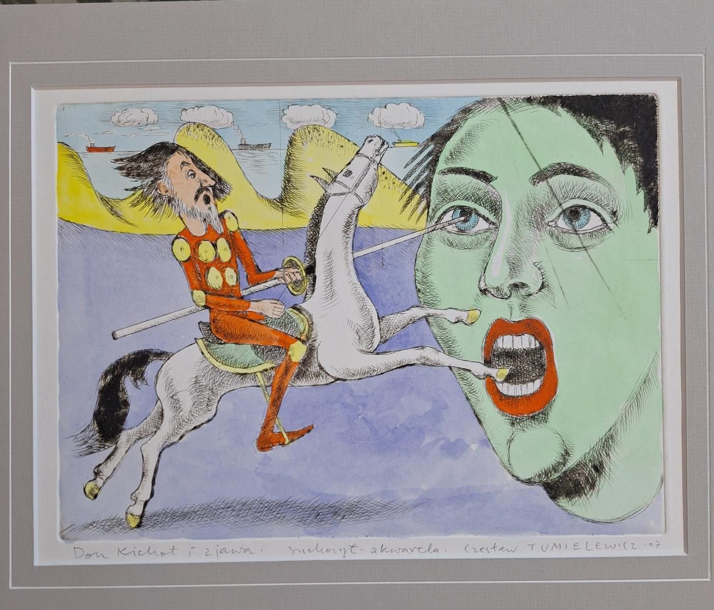 Czeslaw Tumielewiczdon Quixote And Apparition   Figurative Drypoint Print, Colorful, Polish Art2007 photo vintage