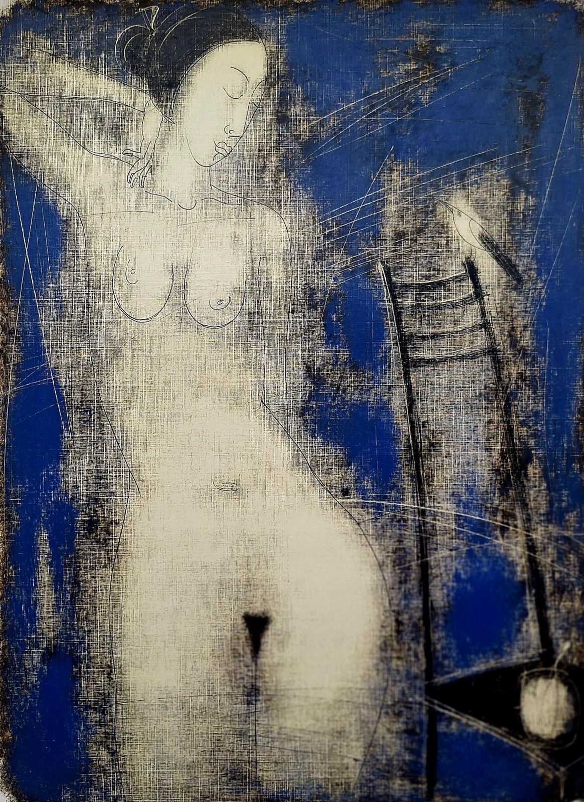 Siergiej Timochownude With A Bird. Contemporary Figurative Monotype Print, European Artist2004
