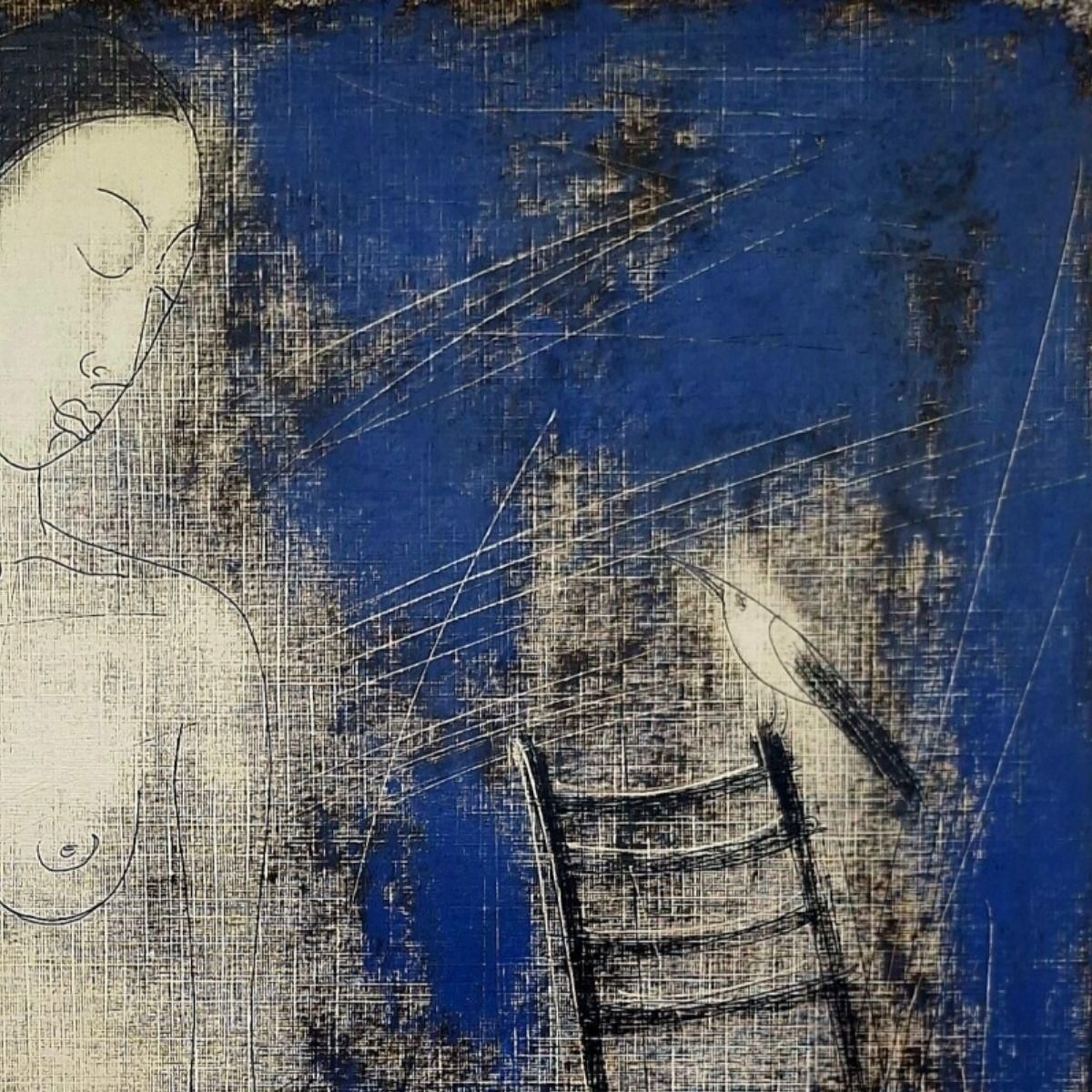 Siergiej Timochownude With A Bird. Contemporary Figurative Monotype Print, European Artist2004 photo Art