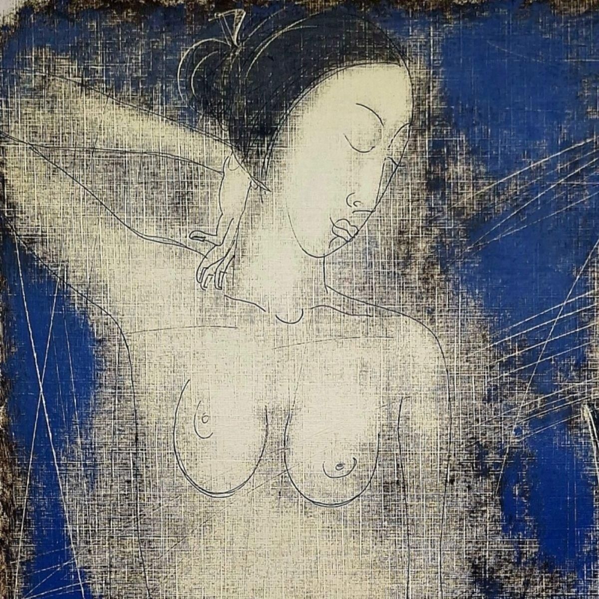 Siergiej Timochownude With A Bird. Contemporary Figurative Monotype Print, European Artist2004 photo 795.0