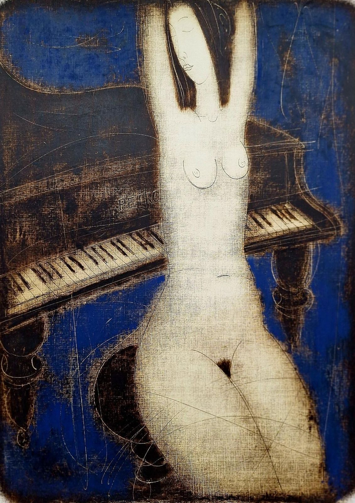 Siergiej Timochownude With Piano. Contemporary Figurative Nude Monotype Print, European Artist2005