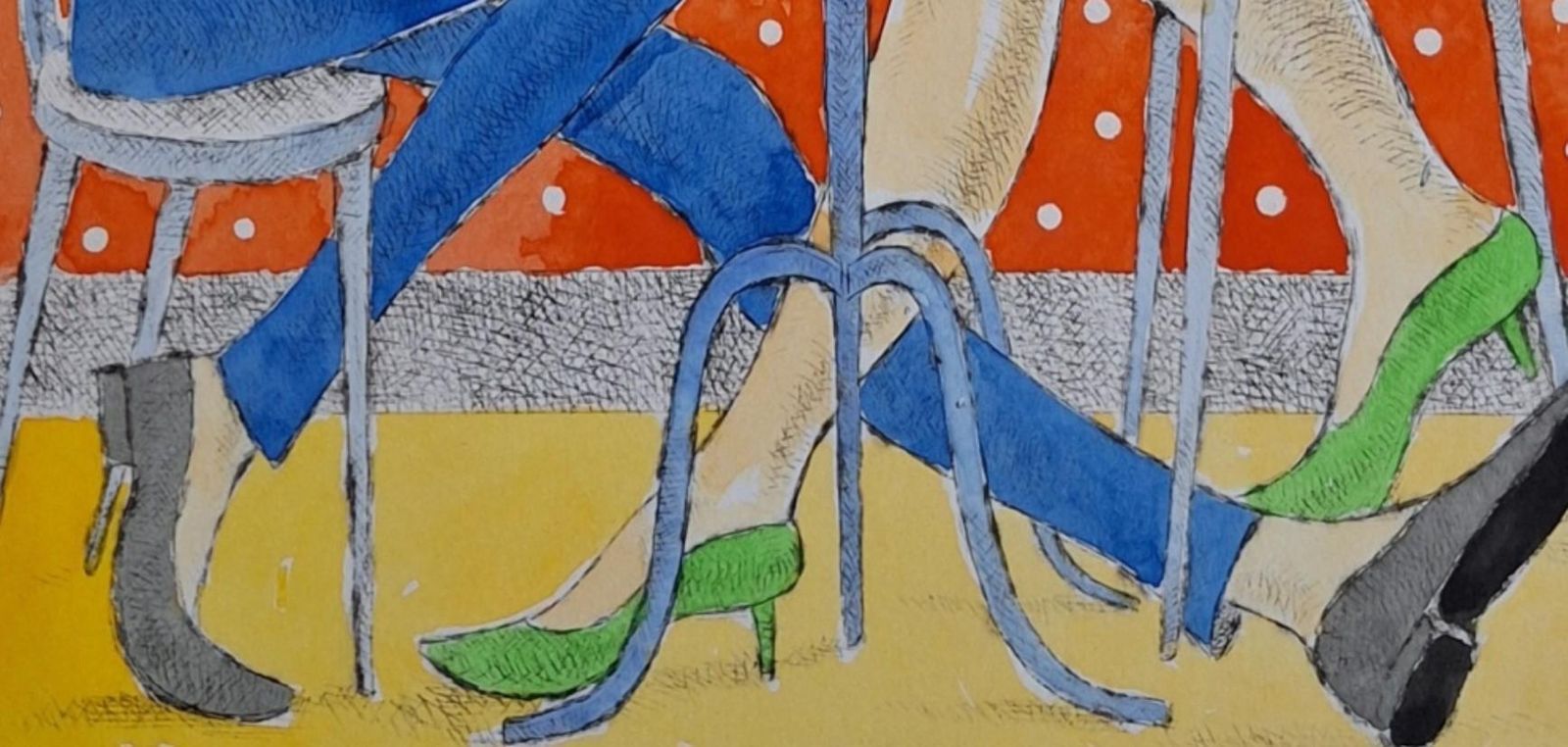 Czeslaw Tumielewiczin The Cafeteria   Figurative Drypoint Print, Colorful, Polish Art2008 photo Art