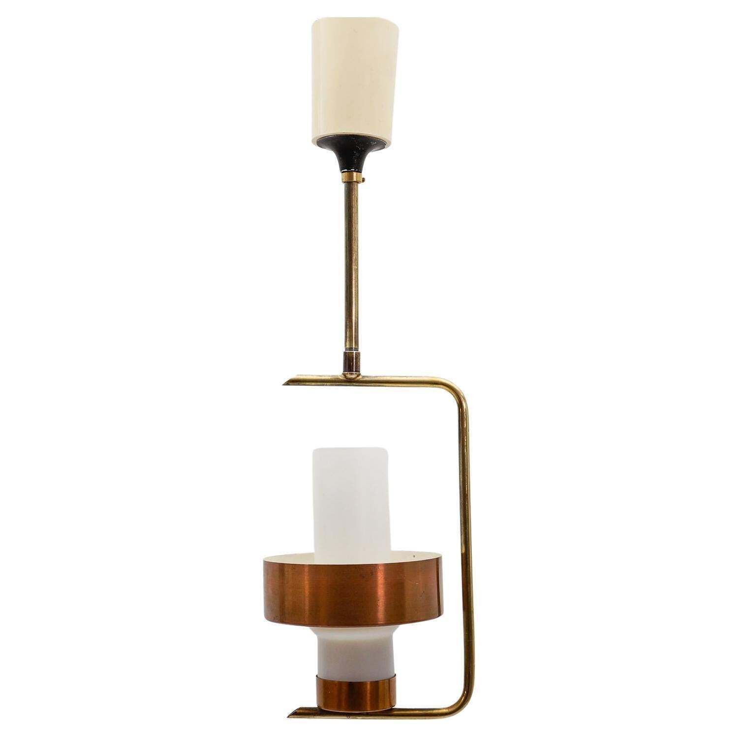 Scandinavian Mid Century Modern Ceiling Lamp In Copper, Braas & Opaline Glass