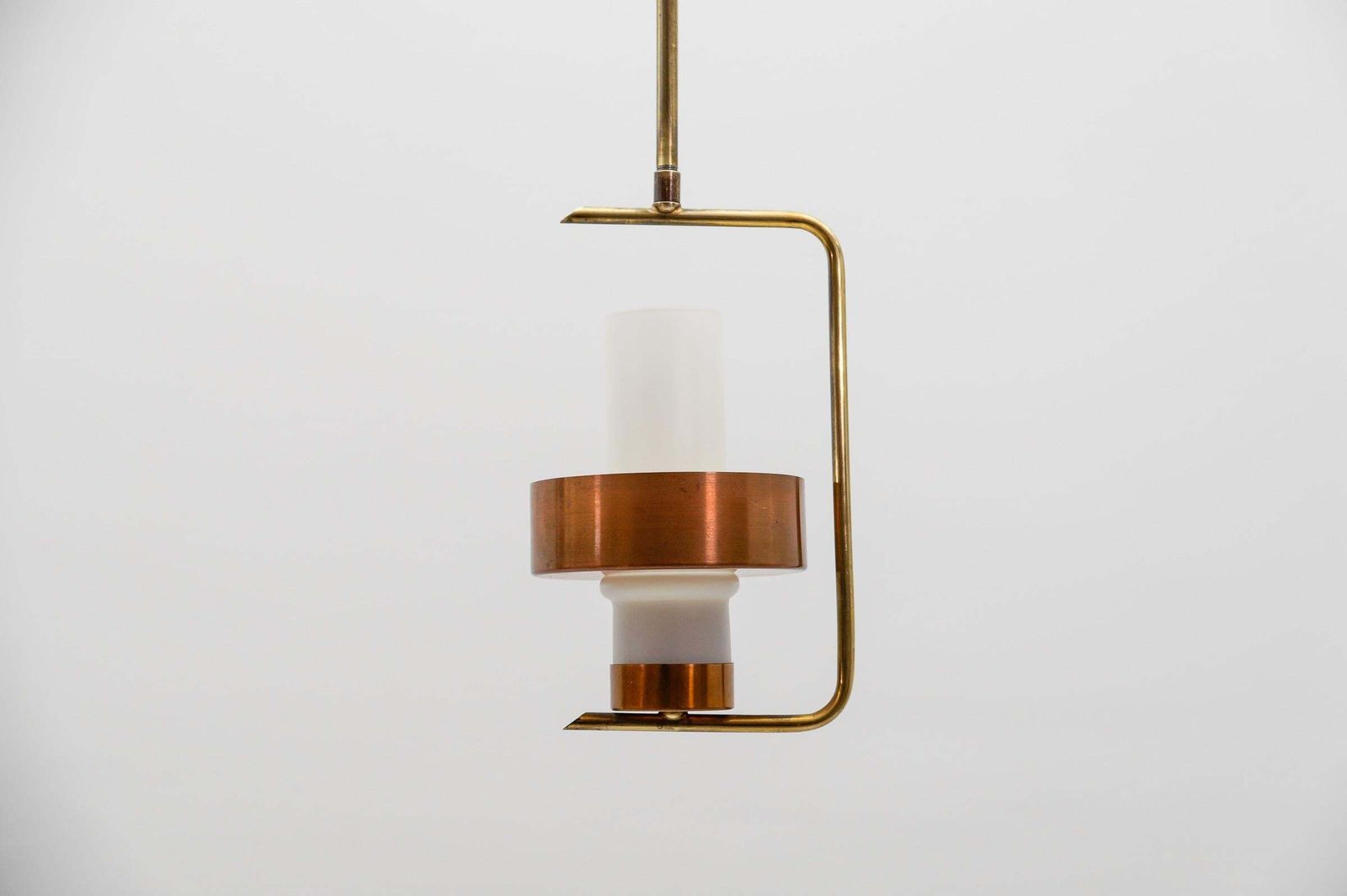 Scandinavian Mid Century Modern Ceiling Lamp In Copper, Braas & Opaline Glass photo Lighting