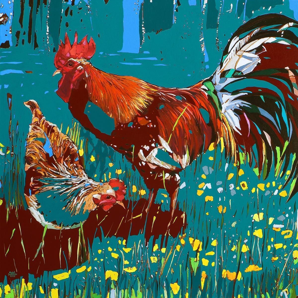 Rafał Gadowskirooster And Hen. Figurative Expressive Oil Painting, Colorful, Animals, Polish2025