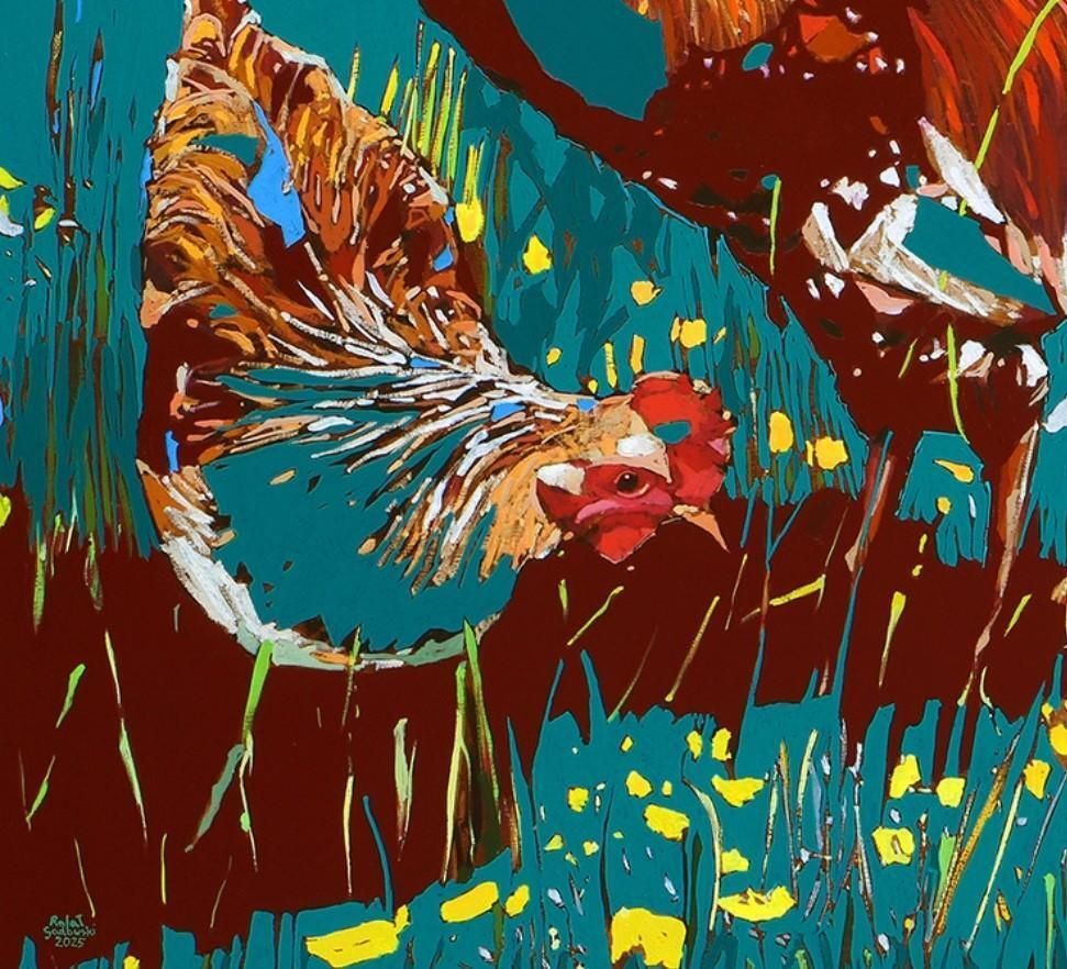 Rafał Gadowskirooster And Hen. Figurative Expressive Oil Painting, Colorful, Animals, Polish2025 photo for sale