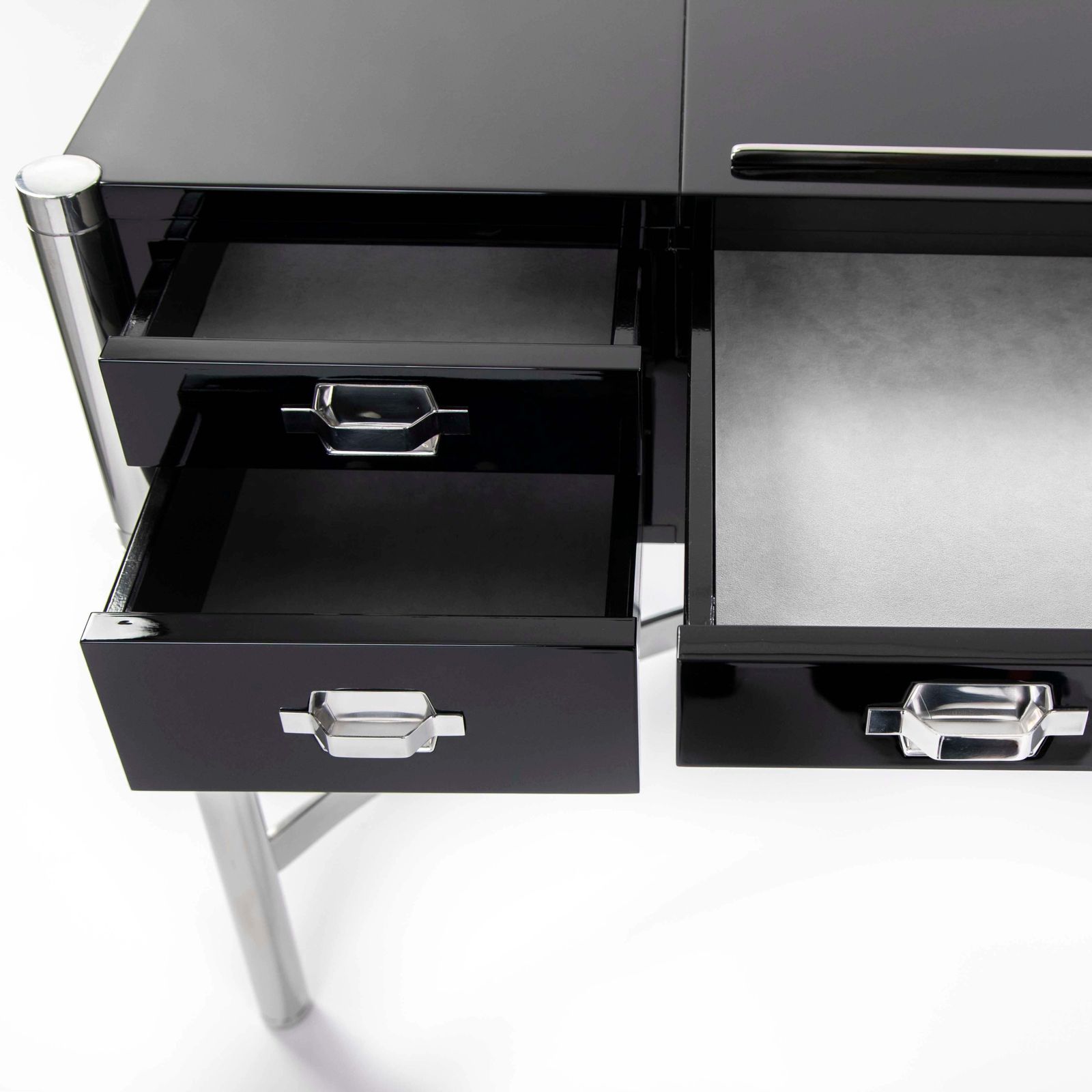 photo for sale Italian Mid Century Desk Black Lacquer & Stainless Steel By Studiodada 1970s