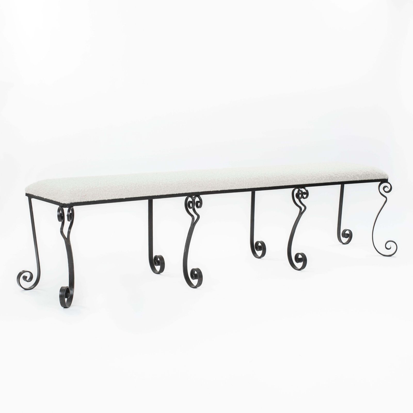 Forged Iron Rousing Art Déco Bench With Offwhite Bouclé Fabric Portugal 1920s photo furniture