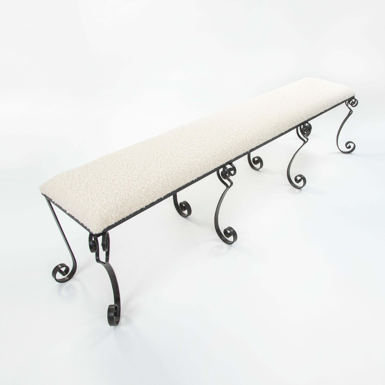Forged Iron Rousing Art Déco Bench With Offwhite Bouclé Fabric Portugal 1920s photo vinterior