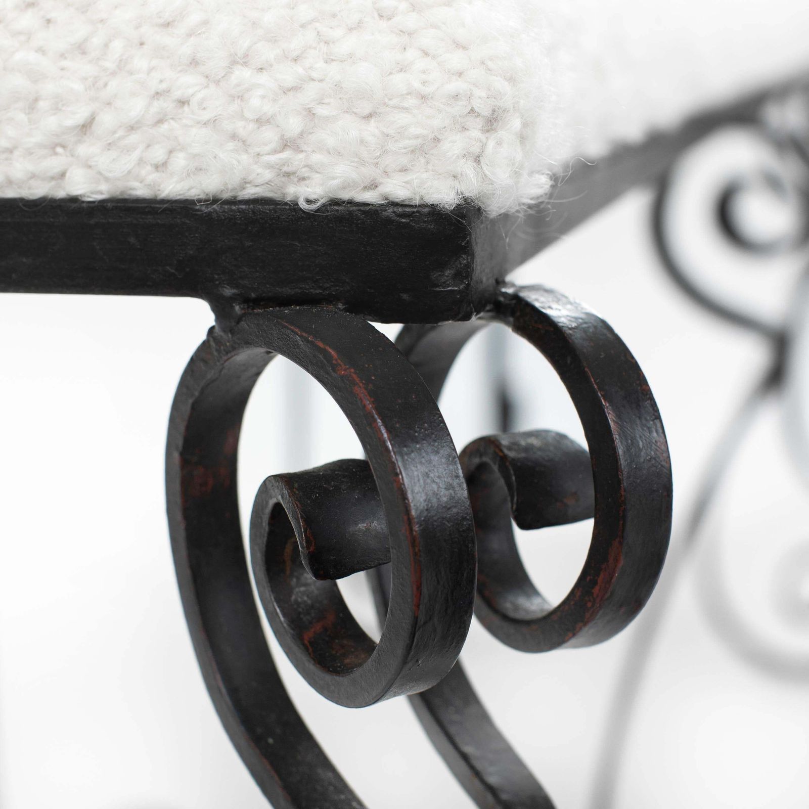 Furniture Forged Iron Rousing Art Déco Bench With Offwhite Bouclé Fabric Portugal 1920s photo