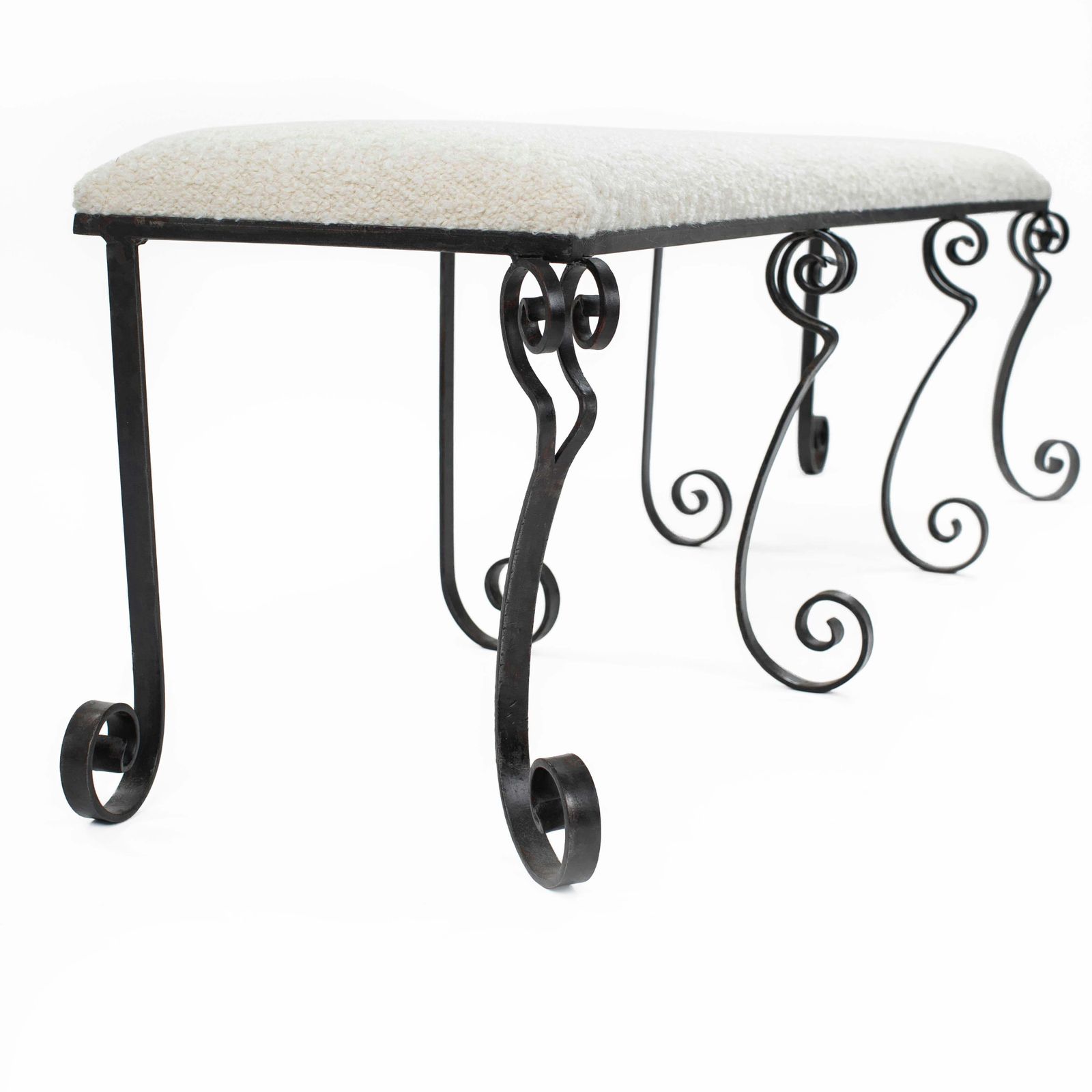 photo vintage Forged Iron Rousing Art Déco Bench With Offwhite Bouclé Fabric Portugal 1920s