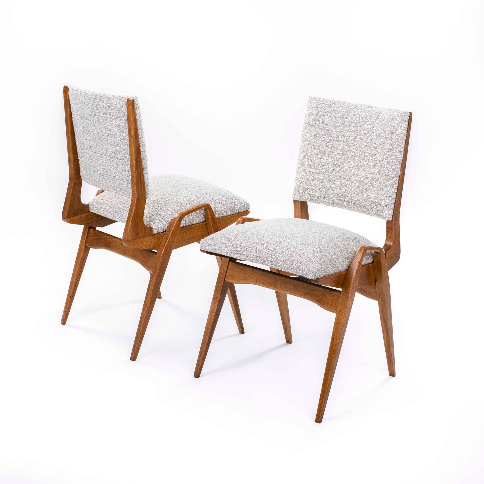Pair Of French Mid Century Chairs In Oak With Bouclé Fabric By Maurice Pré 1950s photo vinterior