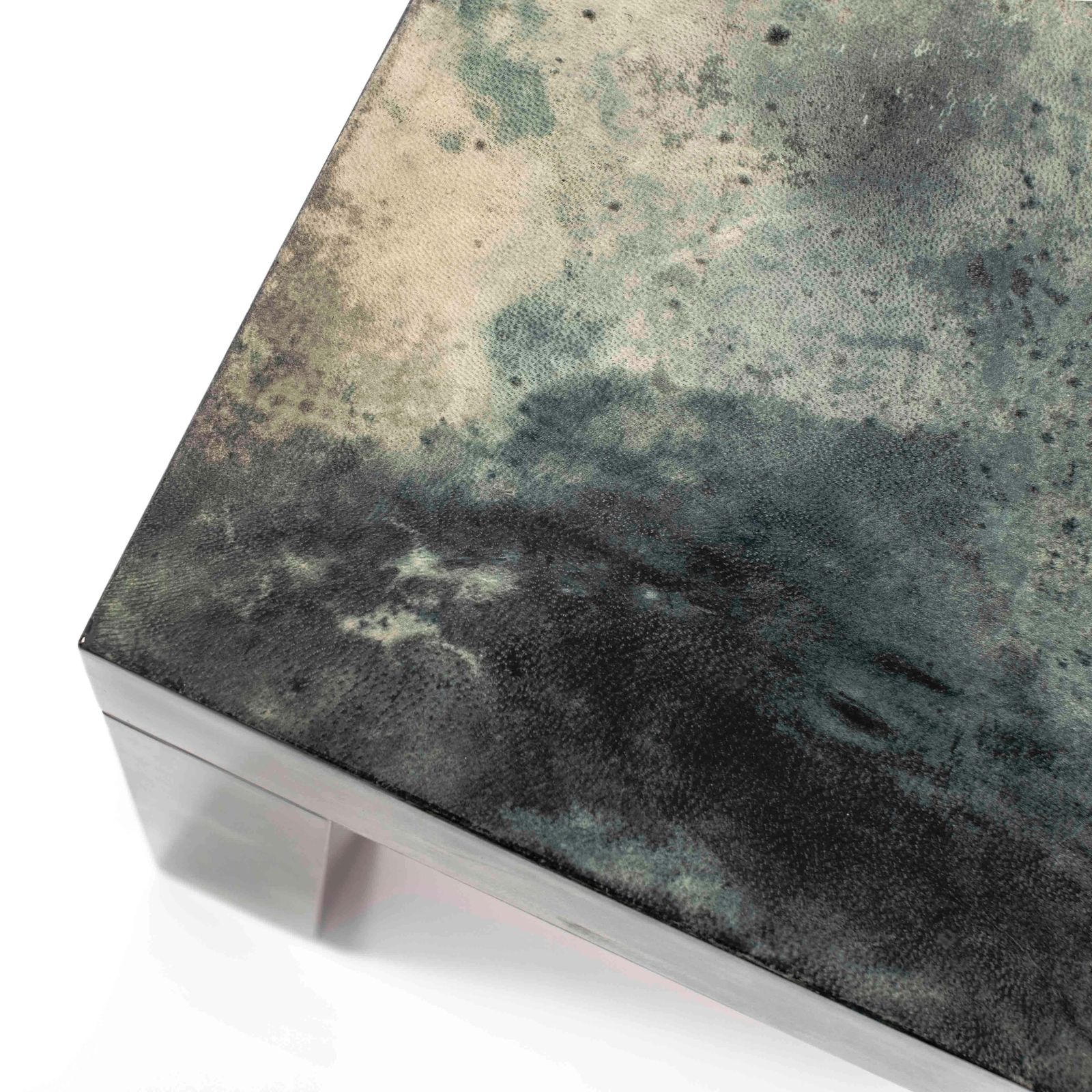 8150.0 Italian Mid Century Green Goatskin Square Sofatable By Aldo Tura 1970s, Signed photo