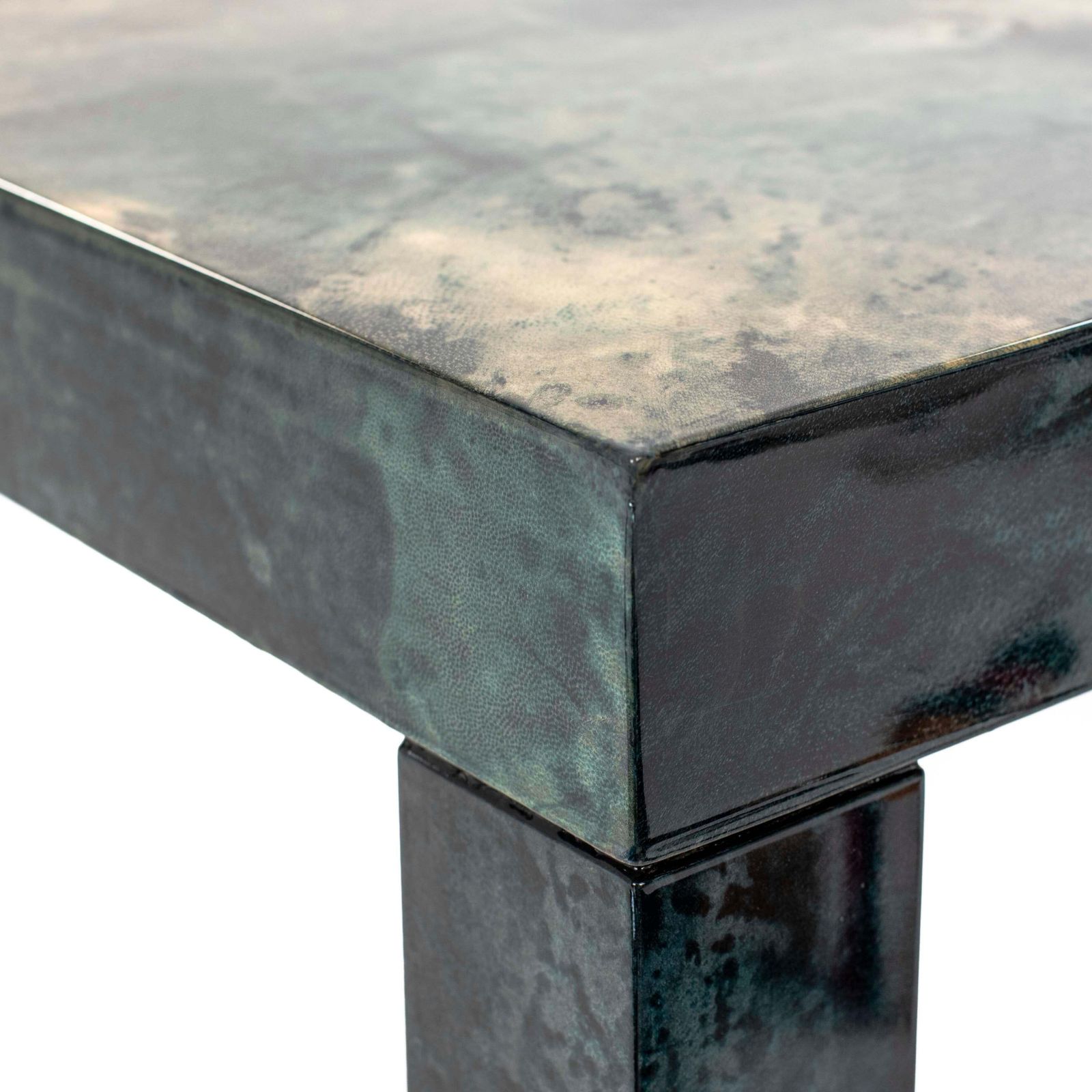 photo vinterior Italian Mid Century Green Goatskin Square Sofatable By Aldo Tura 1970s, Signed