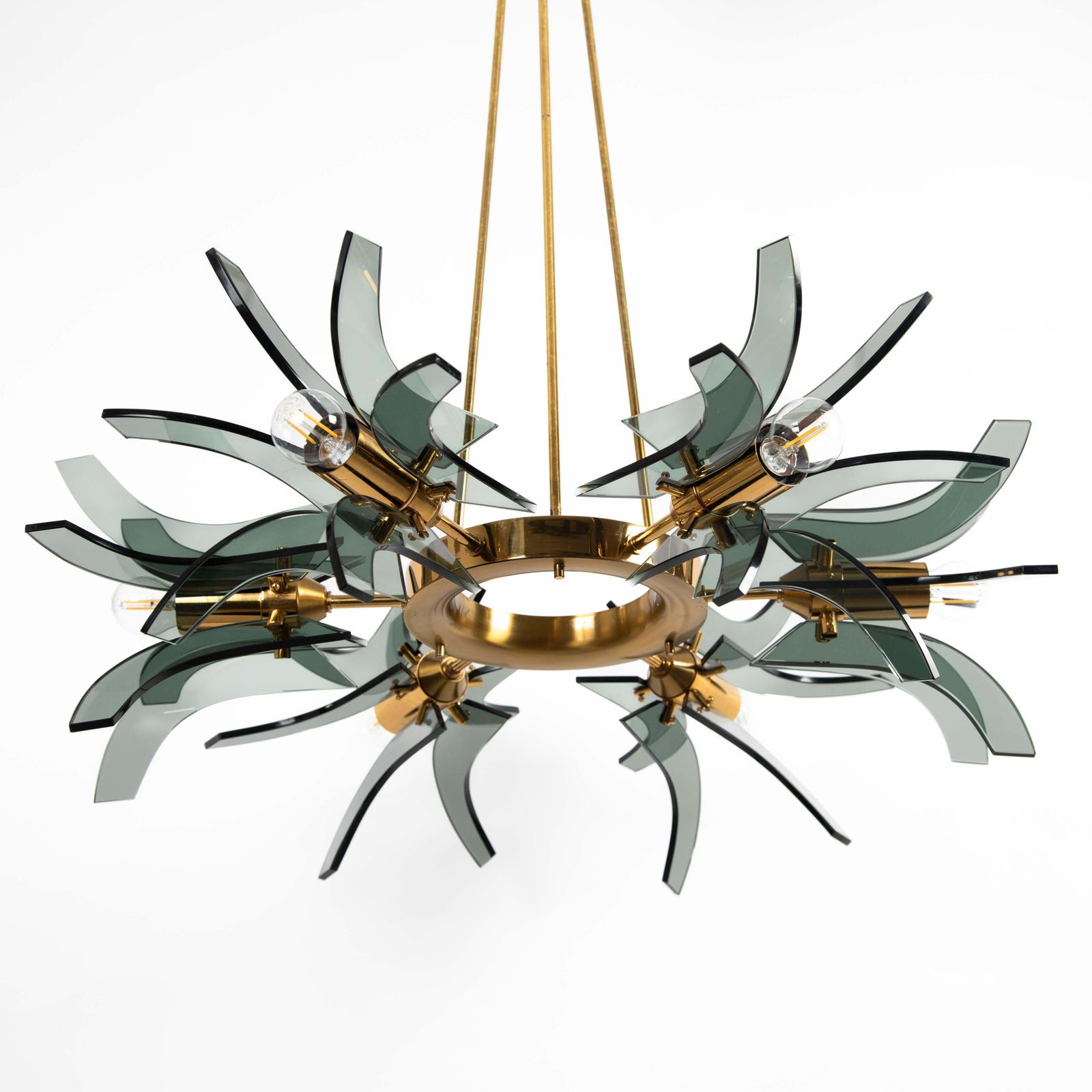 Italian Mid Century Geometric Brass Green Glass Chandelier By Gino Paroldo 1960s photo for sale