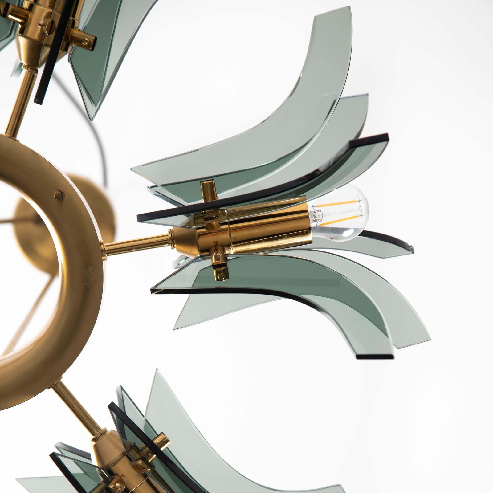 Italian Mid Century Geometric Brass Green Glass Chandelier By Gino Paroldo 1960s photo 5215.0