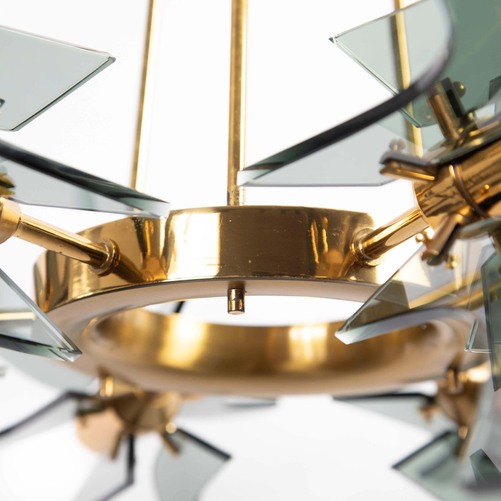 Italian Mid Century Geometric Brass Green Glass Chandelier By Gino Paroldo 1960s photo vintage