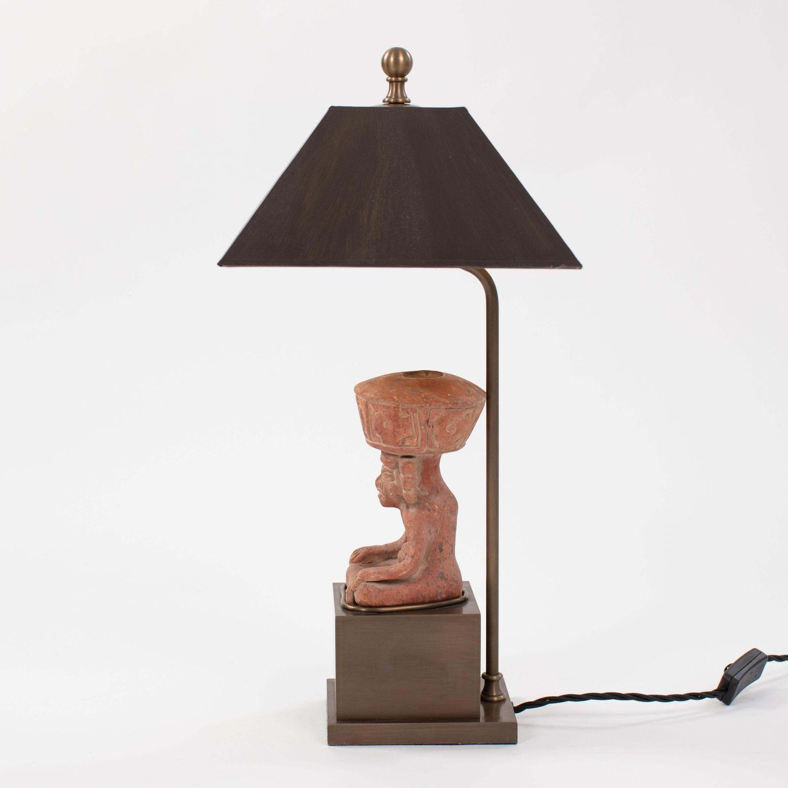 Figural Terracotta Table Lamp Of A Sitting Priest With Brown Shade, Mexico 1930s photo 3296.0