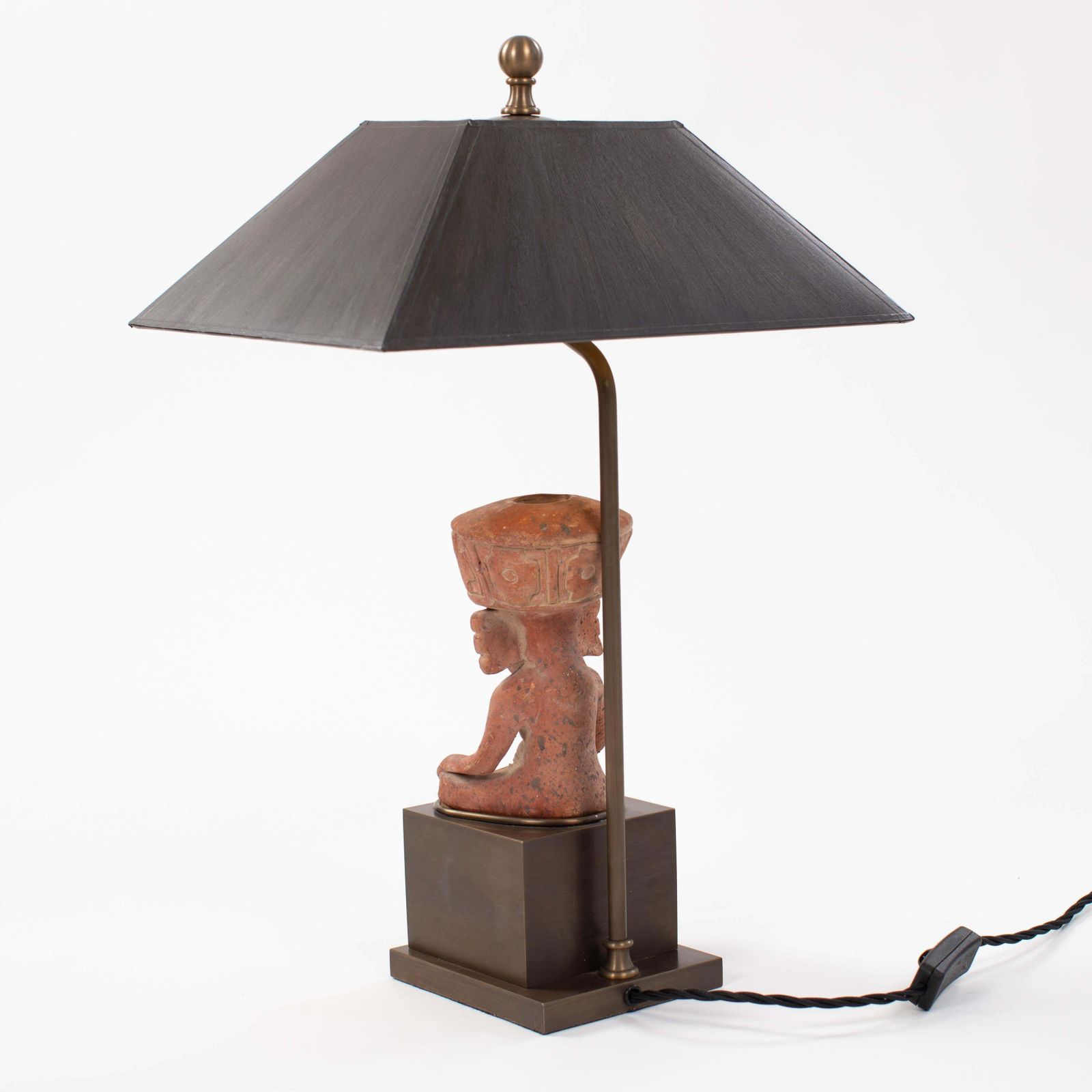 Figural Terracotta Table Lamp Of A Sitting Priest With Brown Shade, Mexico 1930s photo vinterior