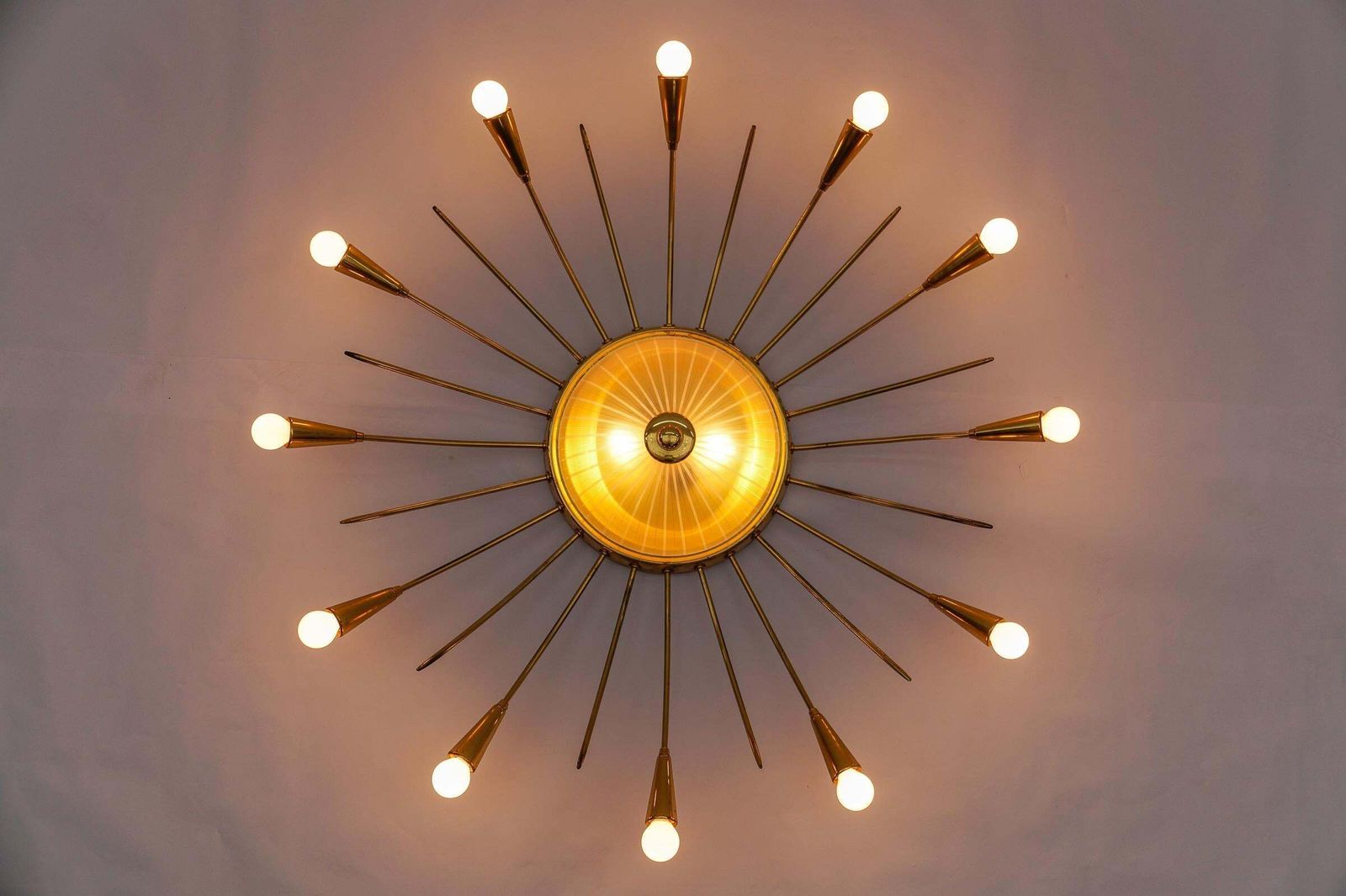 Large Mid Century Modern 12 Arm Brass And Glass Sputnik Lamp, Germany, 1950s photo vinterior