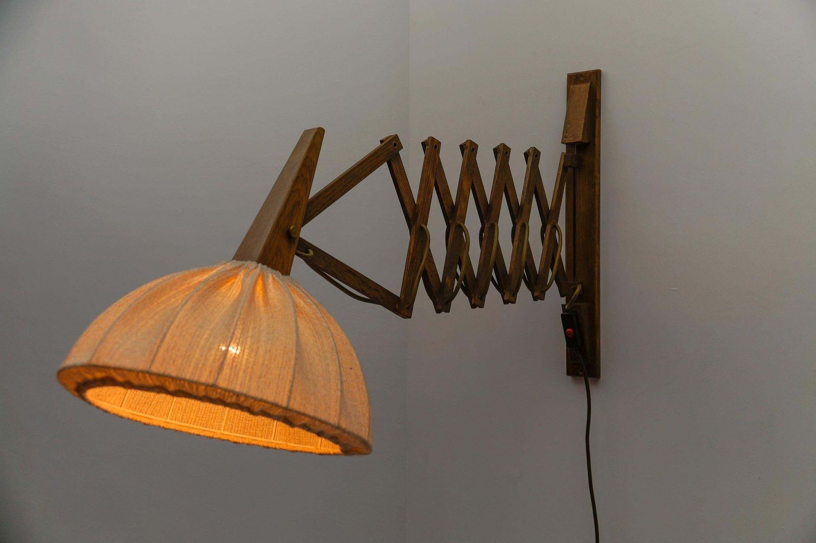 Scandinavian Scissor Wall Lamp In Wood And Fabric, 1960s photo Lighting
